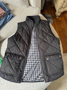 J. Crew Quilted Black Women’s Vest with Gingham Lining